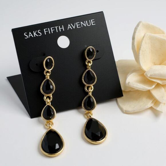 Saks Fifth Avenue Black Teardrop Dangle Earrings – Elegant Gold-Tone- New - Picture 1 of 6